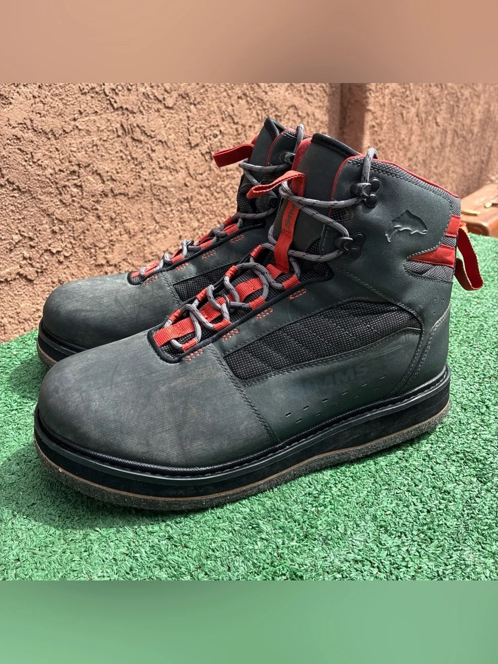 Simms Tributary Wading Boots Rubber Sole Mens Sz 12 Bullet Gray/Orange Lace Up